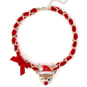 Betsey Johnson Red and Gold Christmas 🎅 REINDEER BOW SHORT PENDANT NWT